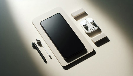 Top view of modern smartphone with blank screen and accessories on white background