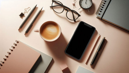 Top view of modern workspace with coffee cup, smartphone, stationery and other items. Mock up