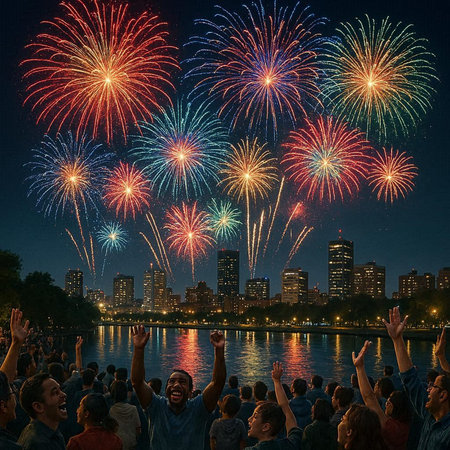 Colorful fireworks over Lower Manhattan in New York City.