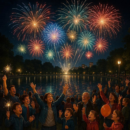 Happy group of people watching a fireworks show in the park at night