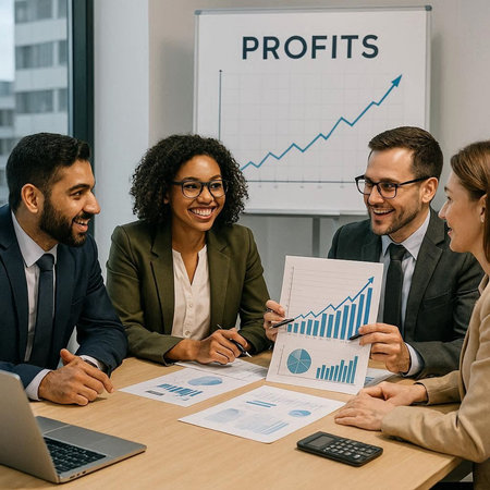 Smiling business people discussing financial data during a meeting in the office