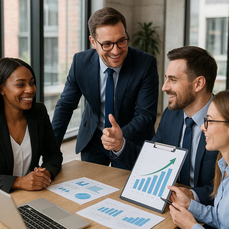 smiling multiethnic businesspeople pointing at charts and showing thumbs up in office