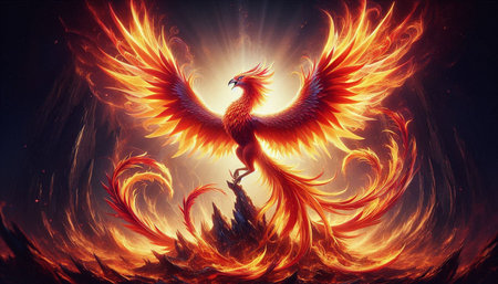 3D rendering of a fantasy dragon flying in the air with fireの写真素材