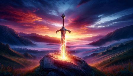 Fantasy landscape with a cross in the mountains. 3d renderの写真素材