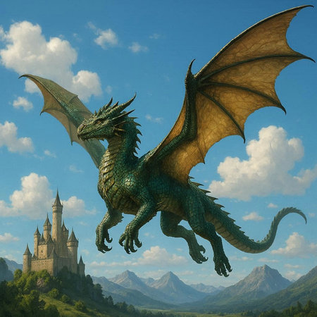 dragon and castle on a background of mountains and the sky with cloudsの写真素材