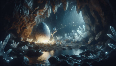 3D illustration of an egg in a cave. 3D renderingの写真素材