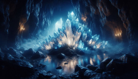 Ice cave. Fantasy landscape with stalactites and stalagmitesの写真素材
