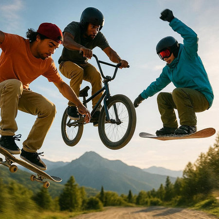 Skateboarders in action at skatepark. Extreme sport.
