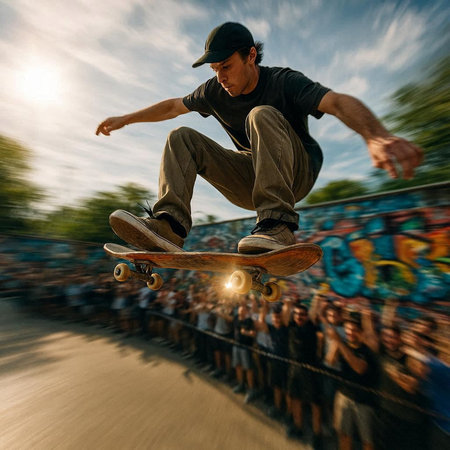 Skateboarder performing tricks in a skate park. Blurred motion.