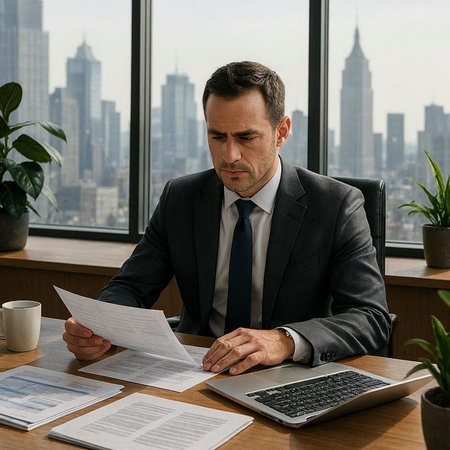 Serious mature businessman sitting at table in office and looking at documents