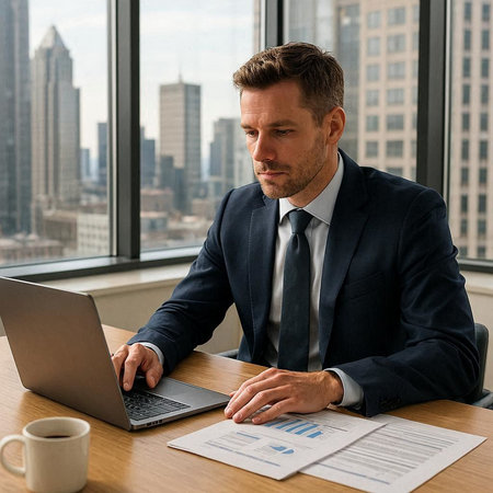 Handsome mature businessman working with laptop and documents in office.