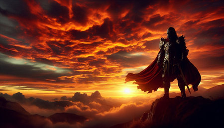 Superhero standing on top of a mountain at sunset. 3d render