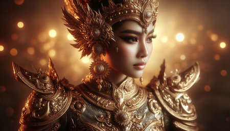 Beautiful asian woman in a golden costume with a crown on her head