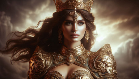 Portrait of a beautiful girl in a golden crown. Fantasy.