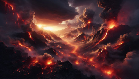 Volcanic eruption. 3D illustration. Fantasy landscape with lava flow.