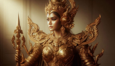 Beautiful woman in a golden armor. Portrait of a beautiful woman in the interior.