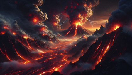Volcanic eruption. 3D illustration. 3D CG. High resolution.