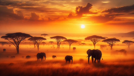 African savannah with elephants at sunrise, Serengeti National Park, Tanzania