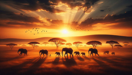 African savannah with elephants at sunset, 3d render illustration.