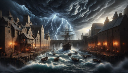 Dark stormy old town. 3d illustration. Fantasy world.の写真素材