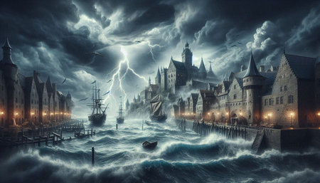 Fantasy landscape with medieval castle in the sea. 3d rendering