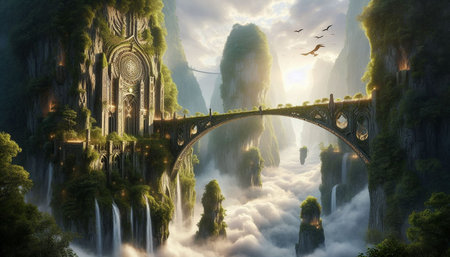 Fantasy Landscape with a bridge over the river in the mist.
