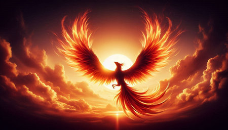 3d illustration of a bird with wings in the sky at sunsetの写真素材