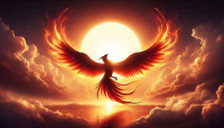 3d rendering of a flying bird against the background of the sunの写真素材