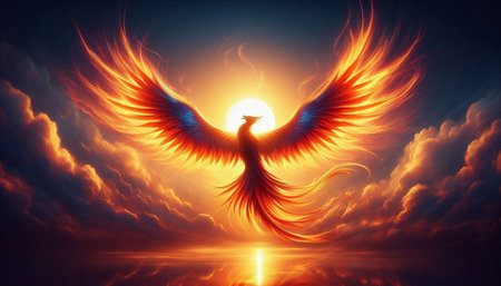 3D rendering of an eagle flying high in the sky with a sunの写真素材