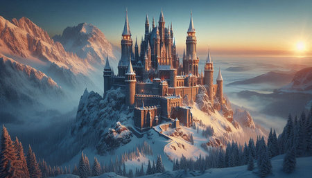 Fantasy castle in the mountains at sunset. 3D illustration.