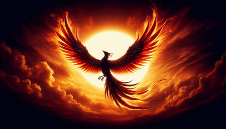 3D rendering of a flying eagle against a background of the sun