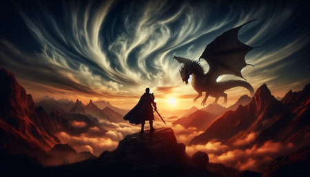 Fantasy landscape with a dragon and a knight in the sky.