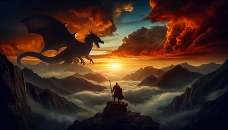 Fantasy landscape with knight and dragon on the top of the mountain