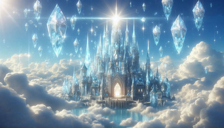Fantasy landscape with magic castle. 3d illustration. Elements of this image furnished by NASAの写真素材