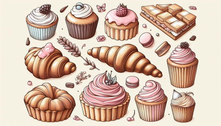 Set of hand drawn cupcakes, muffins, croissants, cakes, pastries. Vector illustration