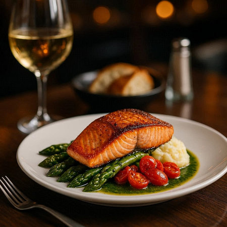 Grilled salmon with asparagus, cherry tomatoes and mashed potatoes