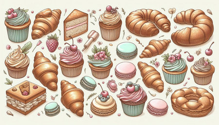 Set of hand drawn pastries, cakes, croissants, macaroons, macaroons, buns, muffins. Vector...