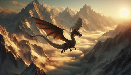 Fantasy dragon flying above the clouds. 3d render illustration.