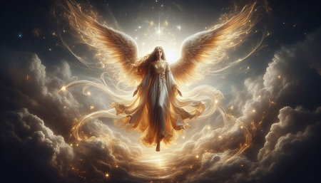 Angel wings flying in the sky. 3D illustration. Fantasy.の写真素材