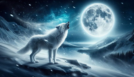 White wolf in winter landscape with full moon. Elements of this image are furnished by NASA