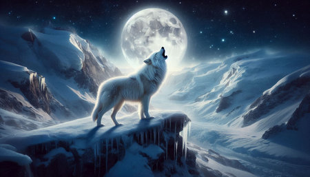 Fantasy landscape with white polar bear and full moon. 3D rendering