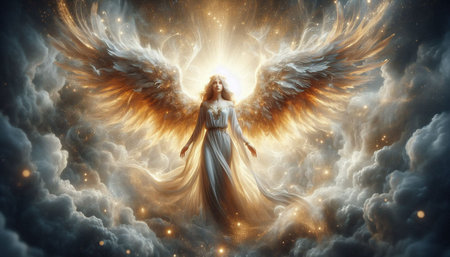 Angel with wings in the sky. 3D illustration. Fantasy.の写真素材