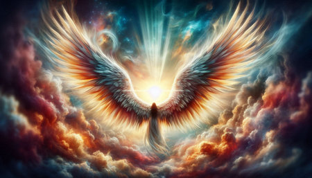 Angel wings in the sky. 3d rendering. Computer digital drawing.の写真素材