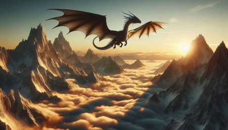 Fantasy alien planet. Flying dragon over the clouds. 3D illustrationの写真素材