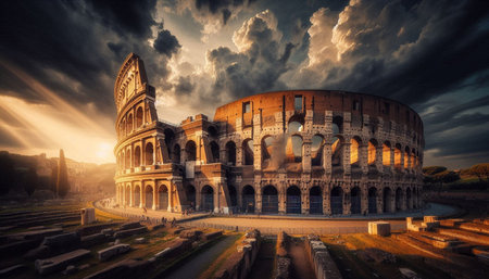 Colosseum in Rome, Italy at sunset. Panoramic view