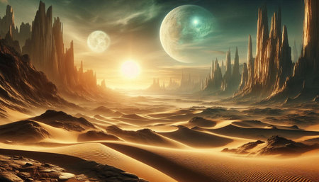 Fantasy alien planet. Mountain and sand. 3D illustration.