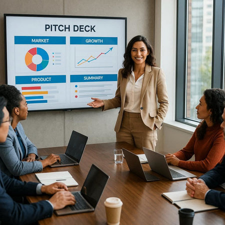 Smiling businesswoman giving presentation to colleagues during meeting in boardroom