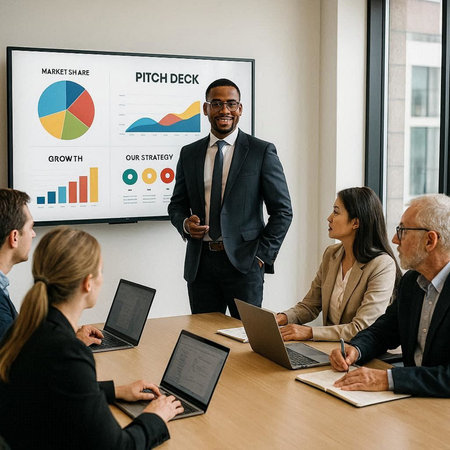 Confident african american businessman giving presentation to colleagues at meetingの写真素材