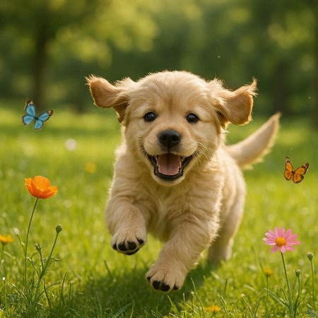 Golden Retriever puppy running in the garden with flowers and butterfliesの写真素材
