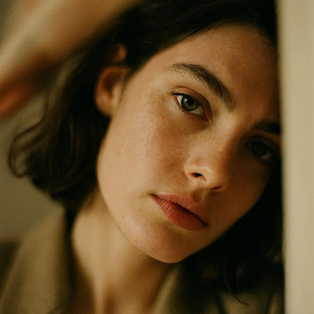 Portrait of a beautiful young brunette woman looking through the window